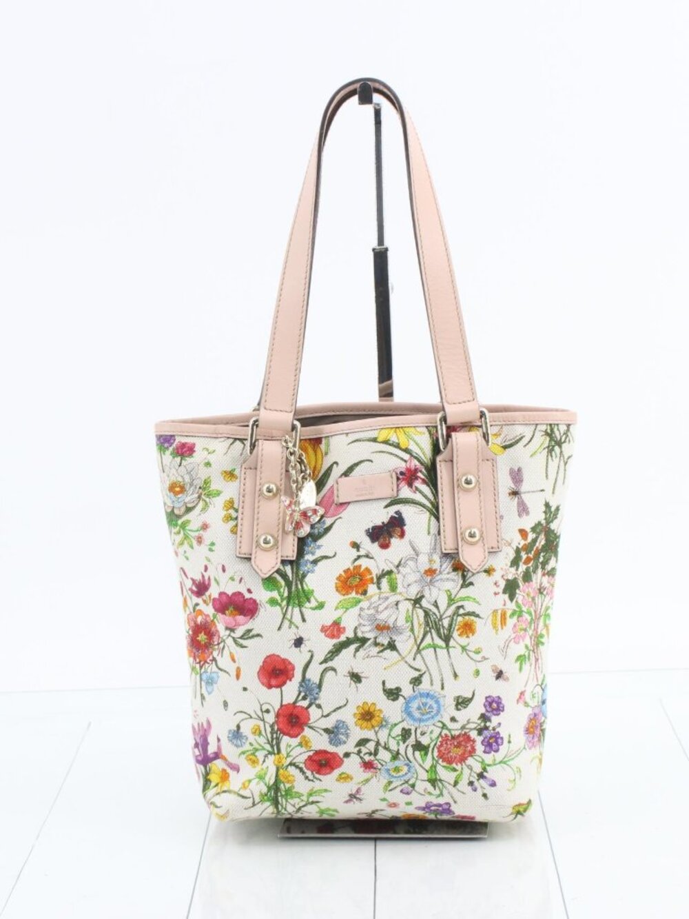 Gucci Flora Tote Bag in Cream and Pink with Gucci Butterfly Bag Charm